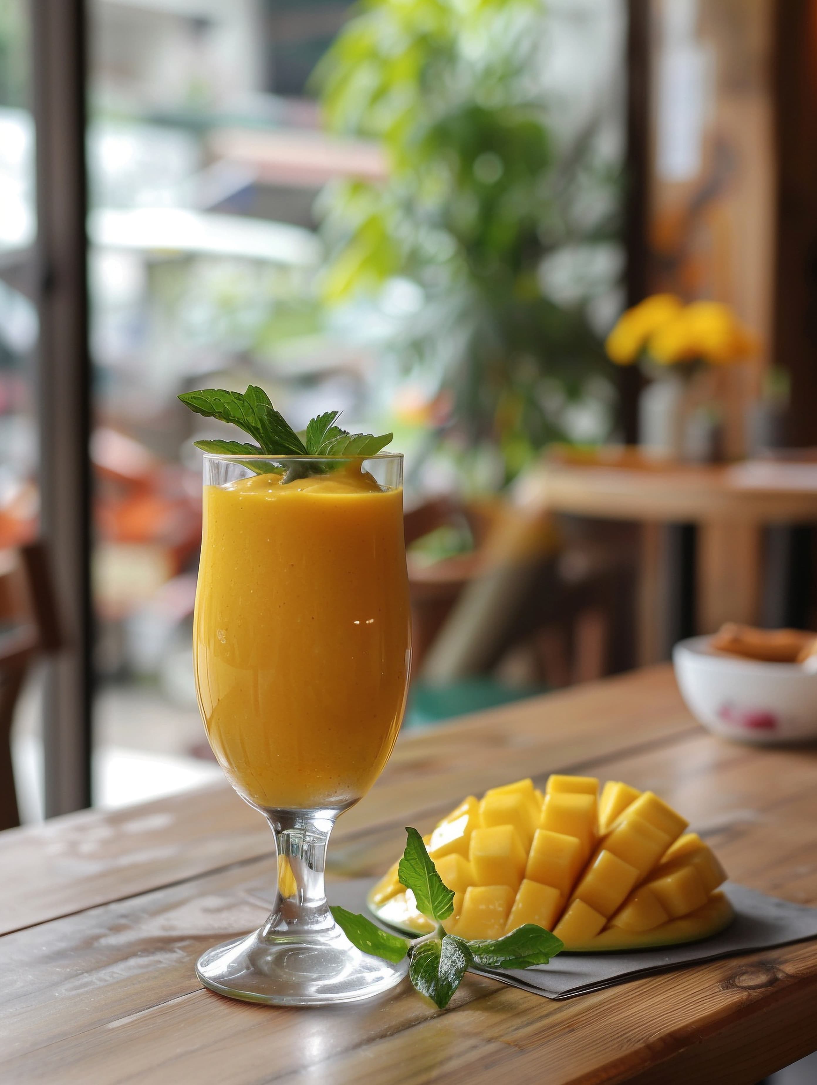 Fresh mango juice in tall glass